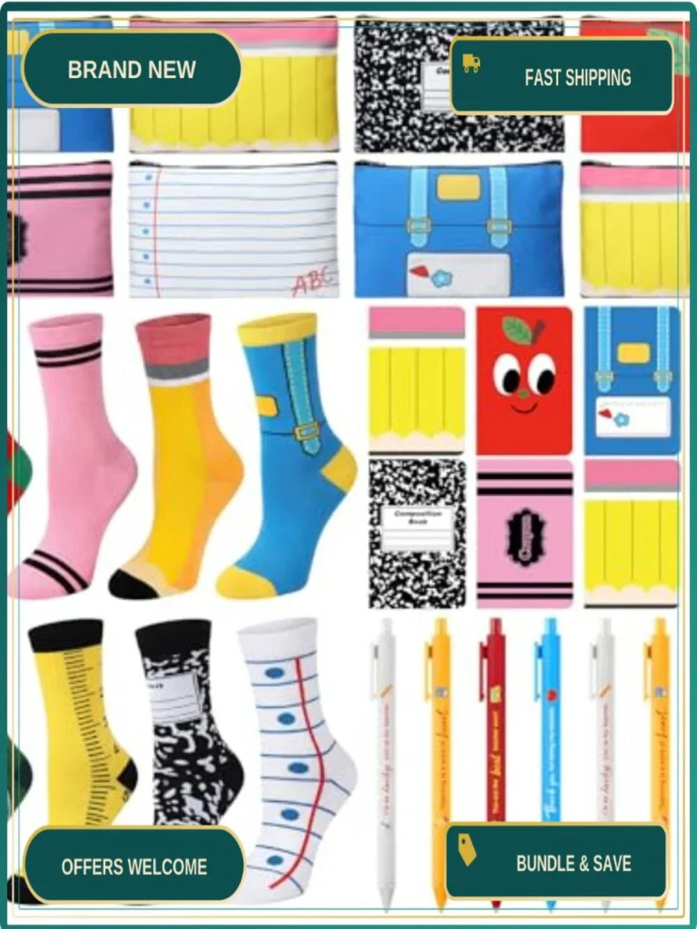 Teacher Appreciation Gift Set - 8 Makeup Bags, Notepads, Pens & Socks - 32 Pcs